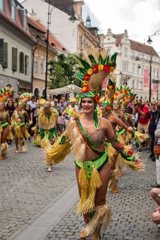 Sibiu City, Romania - 22 June 2019. The Comparsa Los Cariocas from Gran Canary islands performing at the Sibiu International Theatre Festival from Sibiu, Romania.