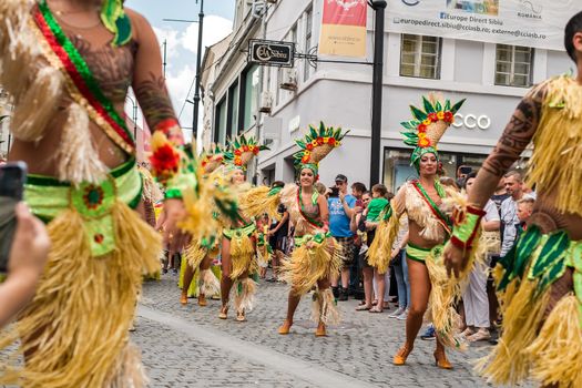 Sibiu City, Romania - 22 June 2019. The Comparsa Los Cariocas from Gran Canary islands performing at the Sibiu International Theatre Festival from Sibiu, Romania.