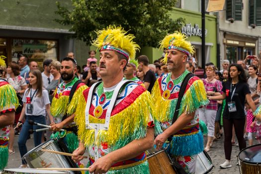 Sibiu City, Romania - 22 June 2019. The Comparsa Los Cariocas from Gran Canary islands performing at the Sibiu International Theatre Festival from Sibiu, Romania.