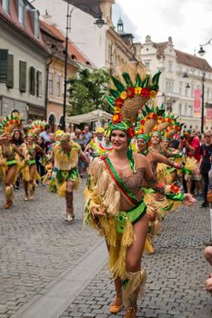 Sibiu City, Romania - 22 June 2019. The Comparsa Los Cariocas from Gran Canary islands performing at the Sibiu International Theatre Festival from Sibiu, Romania.
