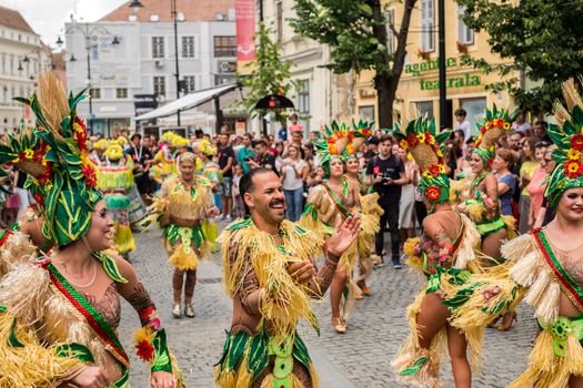 Sibiu City, Romania - 22 June 2019. The Comparsa Los Cariocas from Gran Canary islands performing at the Sibiu International Theatre Festival from Sibiu, Romania.
