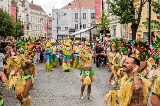 Sibiu City, Romania - 22 June 2019. The Comparsa Los Cariocas from Gran Canary islands performing at the Sibiu International Theatre Festival from Sibiu, Romania.