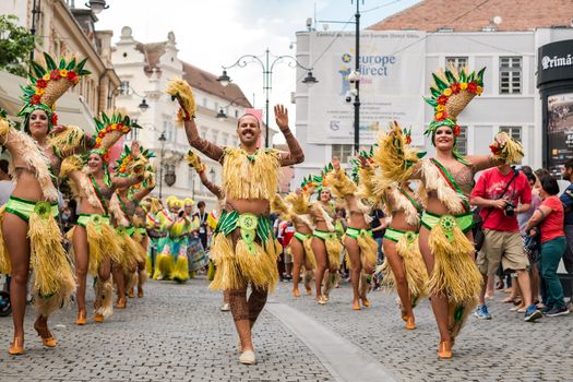 Sibiu City, Romania - 22 June 2019. The Comparsa Los Cariocas from Gran Canary islands performing at the Sibiu International Theatre Festival from Sibiu, Romania.