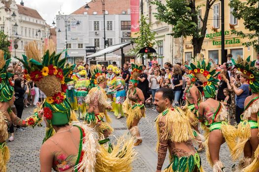 Sibiu City, Romania - 22 June 2019. The Comparsa Los Cariocas from Gran Canary islands performing at the Sibiu International Theatre Festival from Sibiu, Romania.