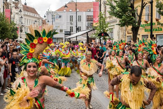 Sibiu City, Romania - 22 June 2019. The Comparsa Los Cariocas from Gran Canary islands performing at the Sibiu International Theatre Festival from Sibiu, Romania.