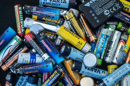 Sibiu, Romania - February 17, 2019. used disposable drain batteries of various size and color, top view