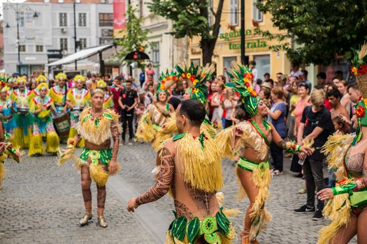 Sibiu City, Romania - 22 June 2019. The Comparsa Los Cariocas from Gran Canary islands performing at the Sibiu International Theatre Festival from Sibiu, Romania.