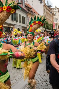 Sibiu City, Romania - 22 June 2019. The Comparsa Los Cariocas from Gran Canary islands performing at the Sibiu International Theatre Festival from Sibiu, Romania.