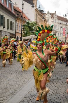 Sibiu City, Romania - 22 June 2019. The Comparsa Los Cariocas from Gran Canary islands performing at the Sibiu International Theatre Festival from Sibiu, Romania.