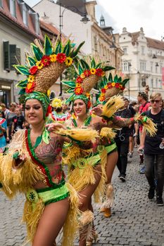 Sibiu City, Romania - 22 June 2019. The Comparsa Los Cariocas from Gran Canary islands performing at the Sibiu International Theatre Festival from Sibiu, Romania.