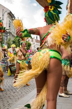 Sibiu City, Romania - 22 June 2019. The Comparsa Los Cariocas from Gran Canary islands performing at the Sibiu International Theatre Festival from Sibiu, Romania.