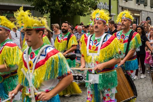 Sibiu City, Romania - 22 June 2019. The Comparsa Los Cariocas from Gran Canary islands performing at the Sibiu International Theatre Festival from Sibiu, Romania.