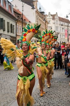 Sibiu City, Romania - 22 June 2019. The Comparsa Los Cariocas from Gran Canary islands performing at the Sibiu International Theatre Festival from Sibiu, Romania.