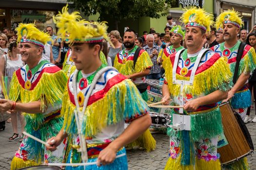 Sibiu City, Romania - 22 June 2019. The Comparsa Los Cariocas from Gran Canary islands performing at the Sibiu International Theatre Festival from Sibiu, Romania.