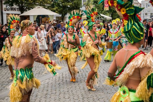 Sibiu City, Romania - 22 June 2019. The Comparsa Los Cariocas from Gran Canary islands performing at the Sibiu International Theatre Festival from Sibiu, Romania.