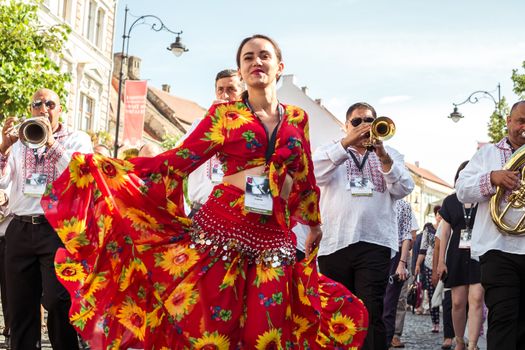Sibiu City, Romania - 19 June 2019. The Brass Band from Cozmeşti performing at the Sibiu International Theatre Festival from Sibiu, Romania.