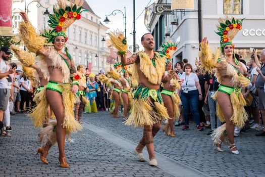 Sibiu City, Romania - 22 June 2019. The Comparsa Los Cariocas from Gran Canary islands performing at the Sibiu International Theatre Festival from Sibiu, Romania.