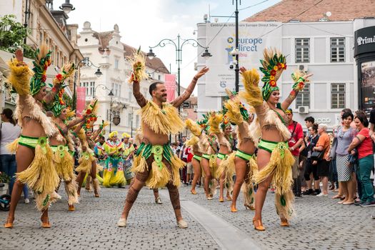 Sibiu City, Romania - 22 June 2019. The Comparsa Los Cariocas from Gran Canary islands performing at the Sibiu International Theatre Festival from Sibiu, Romania.