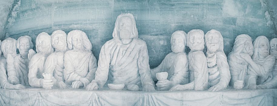 Ice Hotel - Balea Lake Romania - January 24 2019. ice sculpture represented The Last Supper inside the ice church from Ice hotel Balea lake, Romania