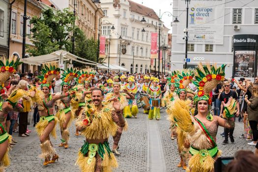 Sibiu City, Romania - 22 June 2019. The Comparsa Los Cariocas from Gran Canary islands performing at the Sibiu International Theatre Festival from Sibiu, Romania.