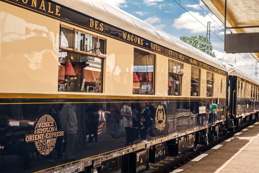 Ruse city, Bulgaria - August 29, 2017. The legendary Venice Simplon Orient Express is ready to depart from Ruse Railway station. Sleeper. The luxury train travels between Paris and Istanbul.