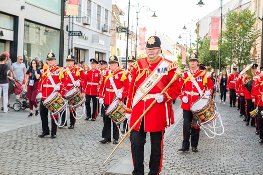 Sibiu City, Romania - 18 June 2019. The Yorkshire Volunteers Band from UK, performing at the Sibiu International Theatre Festival from Sibiu, Romania.