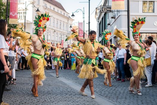 Sibiu City, Romania - 22 June 2019. The Comparsa Los Cariocas from Gran Canary islands performing at the Sibiu International Theatre Festival from Sibiu, Romania.