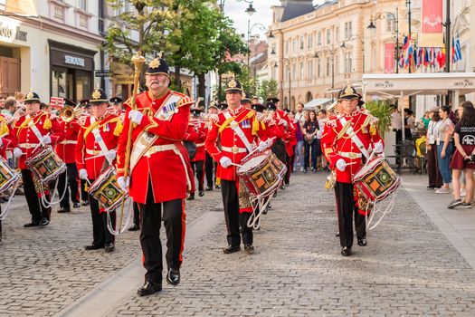 Sibiu City, Romania - 18 June 2019. The Yorkshire Volunteers Band from UK, performing at the Sibiu International Theatre Festival from Sibiu, Romania.