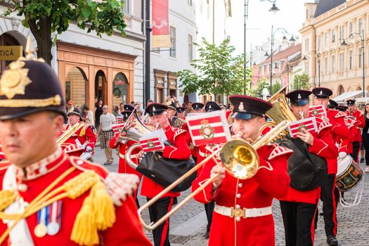 Sibiu City, Romania - 18 June 2019. The Yorkshire Volunteers Band from UK, performing at the Sibiu International Theatre Festival from Sibiu, Romania.