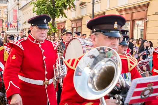 Sibiu City, Romania - 18 June 2019. The Yorkshire Volunteers Band from UK, performing at the Sibiu International Theatre Festival from Sibiu, Romania.