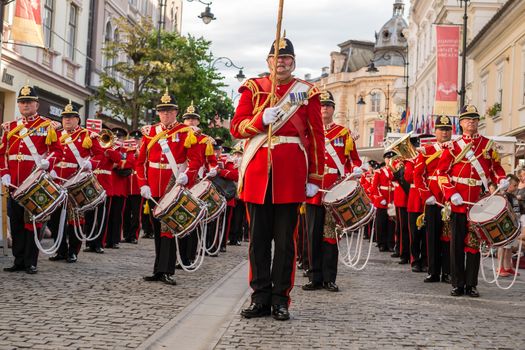 Sibiu City, Romania - 18 June 2019. The Yorkshire Volunteers Band from UK, performing at the Sibiu International Theatre Festival from Sibiu, Romania.