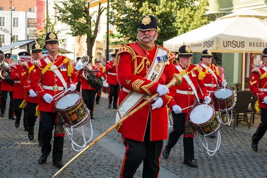 Sibiu City, Romania - 18 June 2019. The Yorkshire Volunteers Band from UK, performing at the Sibiu International Theatre Festival from Sibiu, Romania.
