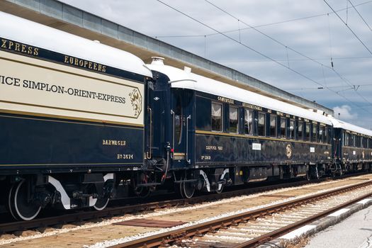 Ruse city, Bulgaria - August 29, 2017. The legendary Venice Simplon Orient Express is ready to depart from Ruse Railway station. Sleeper. The luxury train travels between Paris and Istanbul.