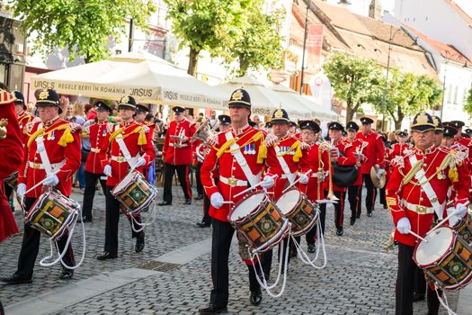 Sibiu City, Romania - 18 June 2019. The Yorkshire Volunteers Band from UK, performing at the Sibiu International Theatre Festival from Sibiu, Romania.