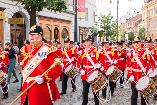 Sibiu City, Romania - 18 June 2019. The Yorkshire Volunteers Band from UK, performing at the Sibiu International Theatre Festival from Sibiu, Romania.