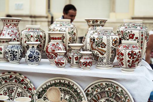 Sibiu City, Romania - 31 August 2019. Traditional Romanian handmade ceramics market at the potters fair from Sibiu, Romania