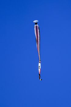 kite long tailfly on blue sky. The colorful kite on the blue sky without clouds.