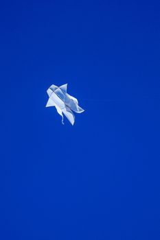 The Balinese white kite flies against the blue sky. Blue sky is the perfect background for kites. space for your text..