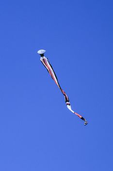kite long tailfly on blue sky. The colorful kite on the blue sky without clouds. Space for text.