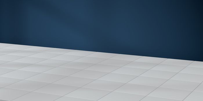 White cubic floor with blue wall background, 3d rendering. Computer digital drawing.