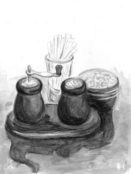 Salt and pepper shakers on table in cafe. Watercolor illustration. Hand-drawn sketch. Gray, black and white monochrome colors.