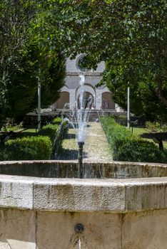 rocca porena,italy july 05 2020:fountain in the garden of the sanctuary of rocca porena