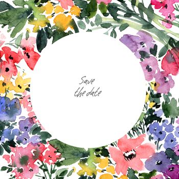 Watercolor floral arrangment - flowers, buds and leaves. Decorative botanical illustrations.