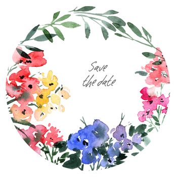 Watercolor floral arrangment - flowers, buds and leaves. Decorative botanical illustrations.