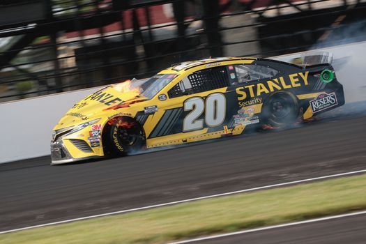 July 05, 2020 - Indianapolis, Indiana, USA: Eric Jones (20) hits the wall during the Brickyard 400 race at the Indianapolis Motor Speedway in Indianapolis, Indiana.