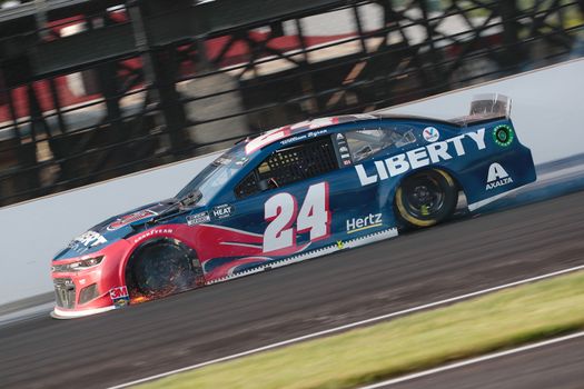 July 05, 2020 - Indianapolis, Indiana, USA: William Byron (24) hits the wall during the Brickyard 400 race at the Indianapolis Motor Speedway in Indianapolis, Indiana.