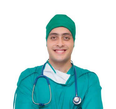 Portrait of a male surgeon - Isolated on white background - Smiling young doctor