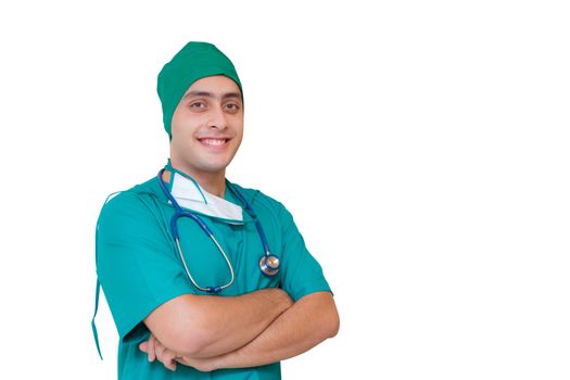 Portrait of a male surgeon - Isolated on white background - Smiling young doctor