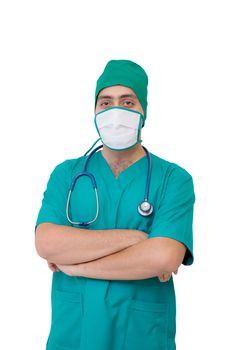 portrait of doctor in mask and green uniform isolated on white background