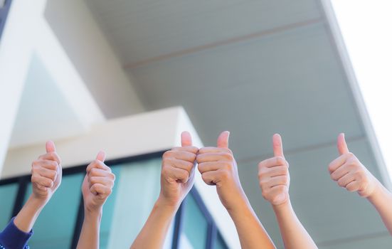 Line of group of human fists giving thumb up - office background - teamwork  business concept.